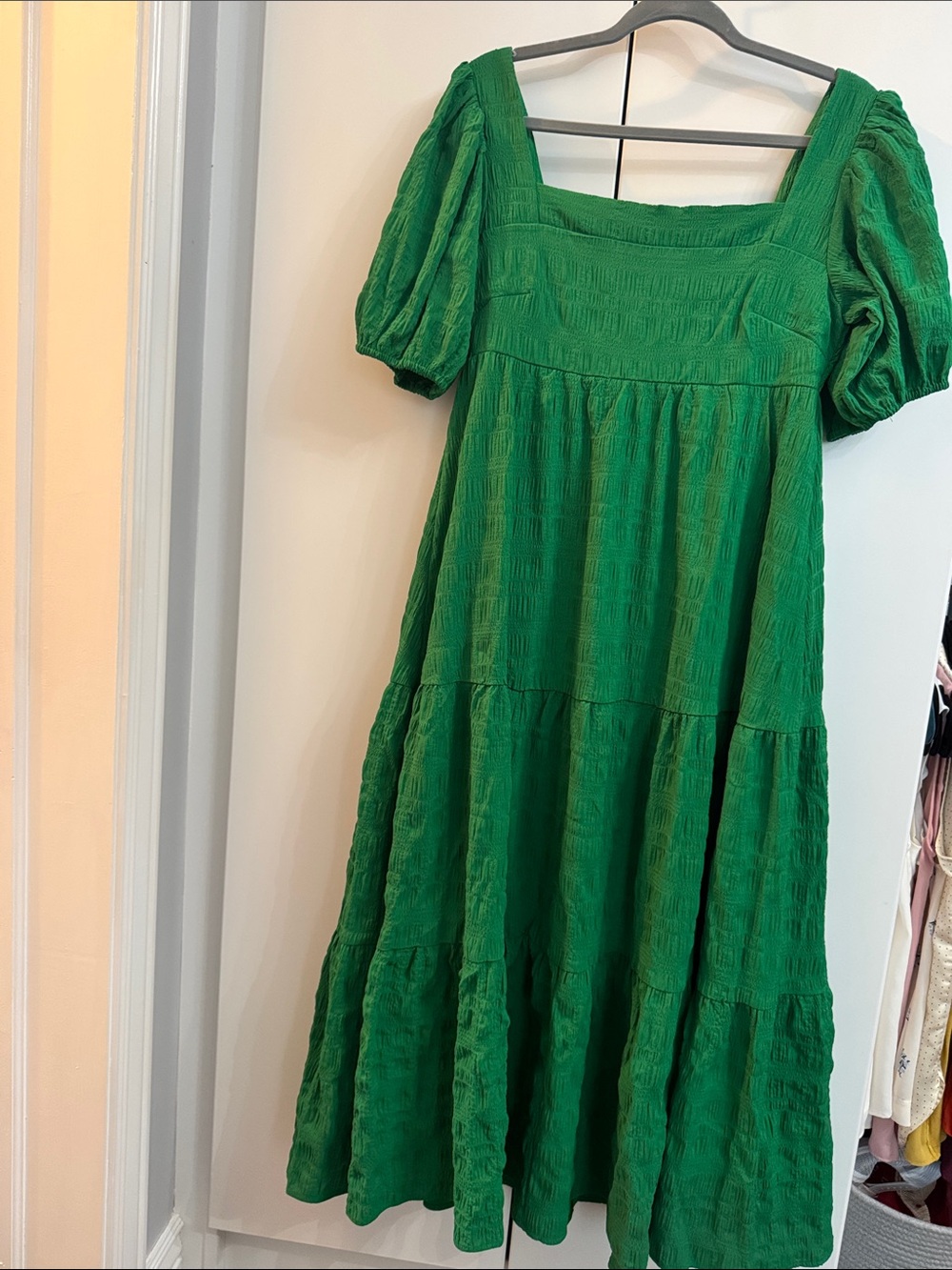 Shop the mint- womenβs Square Neck Tiered Dress in Green